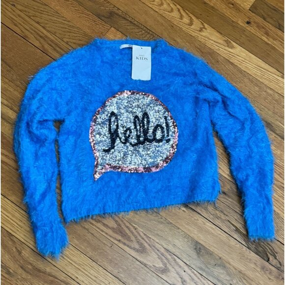 M&S Marks & Spencer Kids Hello Sequin Blue Fuzzy Sweater Jumper NWT - Picture 4 of 7